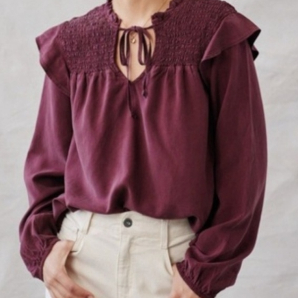 Bella Dahl Smocked Yoke Long-Sleeve LARGE Blouse - Plum Burgundy